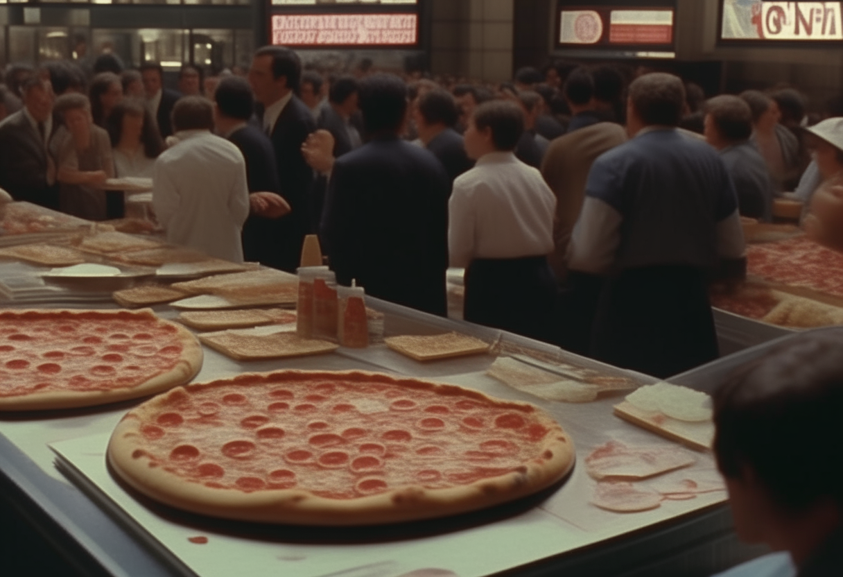 a margherita pizza on a wooden table inside the bustling New York Stock Exchange trading floor during a busy day in the 1980s, medium shot