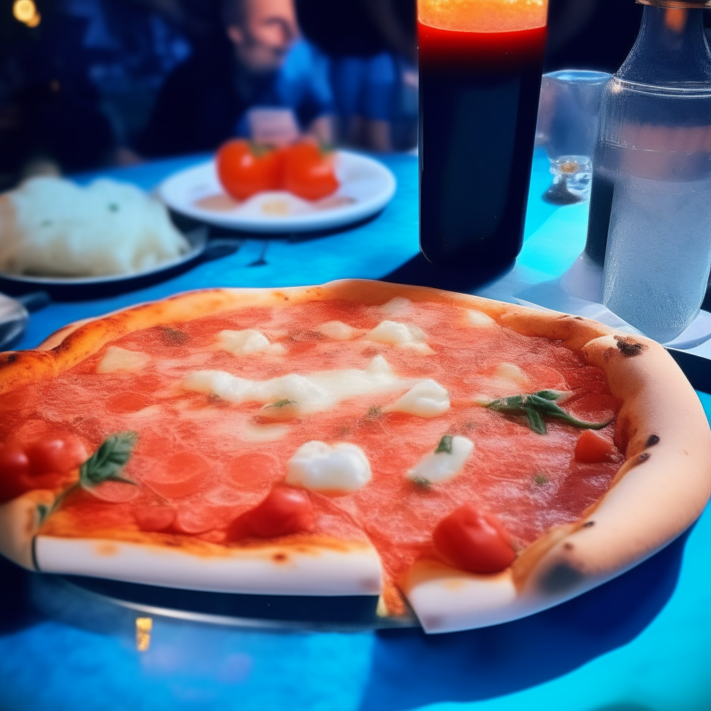 A hot margherita pizza with melted mozzarella cheese on top of a table backstage at a concert, surrounded by red lipstick, black eyeliner, blue eyeshadow, and pink blush in glass containers