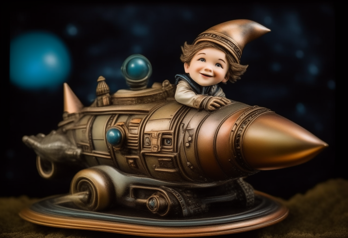 A child on a rocket ship smiling exploring the stars