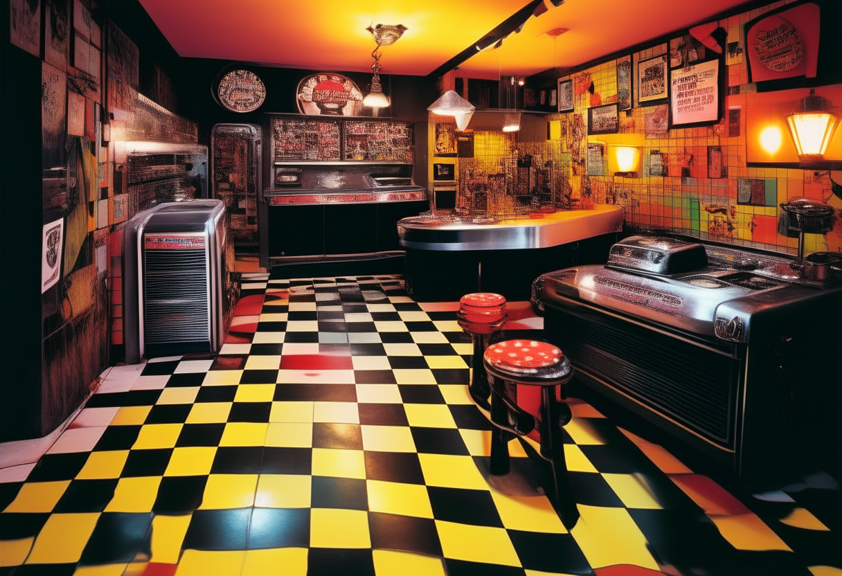 A retro 1980s kitchen shines under the gleam of neon lights. On a classic black and white checkered floor sits a flaming grill, where the sizzle of a golden grilled cheese sandwich can be heard. The countertop is adorned with records of bands like Poison and Mötley Crüe. Vivid electric guitars lean against the walls, and a Rubik's Cube sits next to a plate with a perfectly grilled sandwich, its cheese melting in an alluring cascade. The aura is one of rock and rebellion, with the comfort of the familiar sandwich juxtaposed against the wild heart of glam rock.