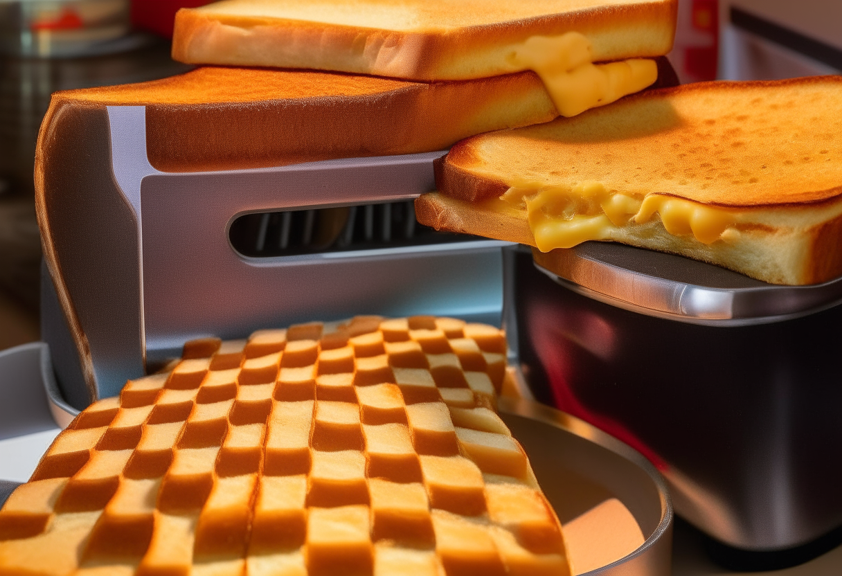 A close up view of a printed grilled cheese sandwich recipe next to a sizzling golden grilled cheese sandwich in a retro 1980s kitchen