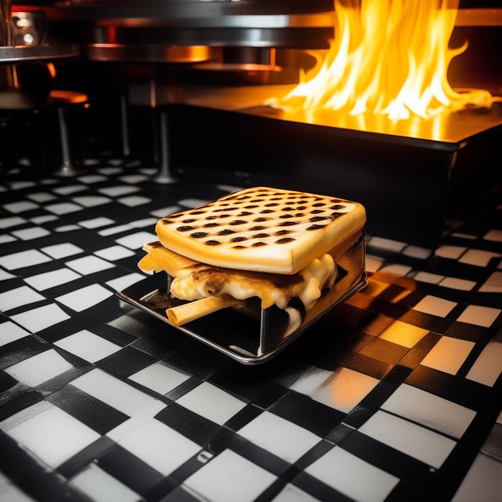 On a classic black and white checkered floor sits a flaming grill, where the sizzle of a golden grilled cheese sandwich can be heard.