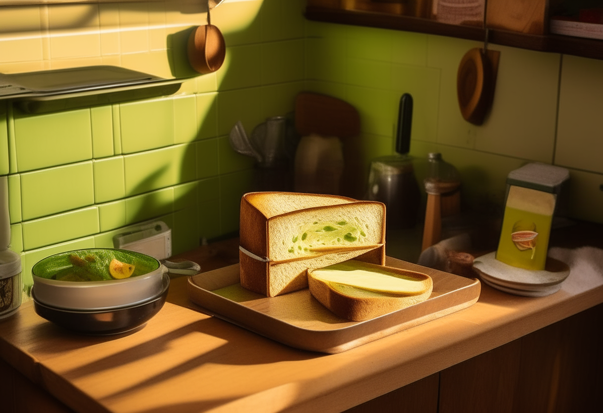 A grilled cheese sandwich on toasted bread being made in an 1980's style kitchen with wood cabinets, an avocado green refrigerator, and yellow wallpaper. The sandwich is in a skillet on the stovetop, browning to a crisp golden brown. Cheese is oozing out of the sandwich. Sunlight is streaming in through the window above the sink.