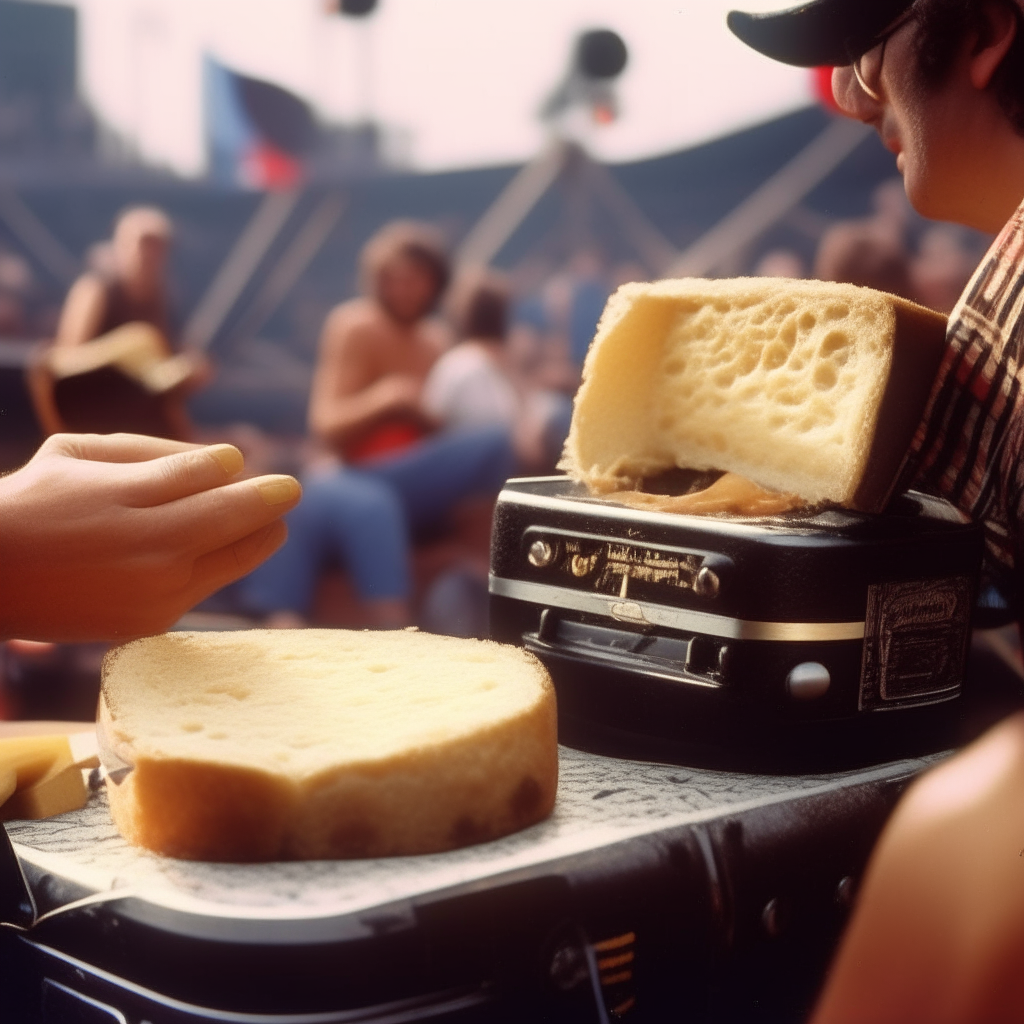 a close up photo of an open faced grilled cheese sandwich with melted cheese on sourdough bread, sitting on a paper plate on top of a vintage boombox speaker at an energetic rock concert in the 1980s with a cheering crowd and a guitarist performing on stage in the background