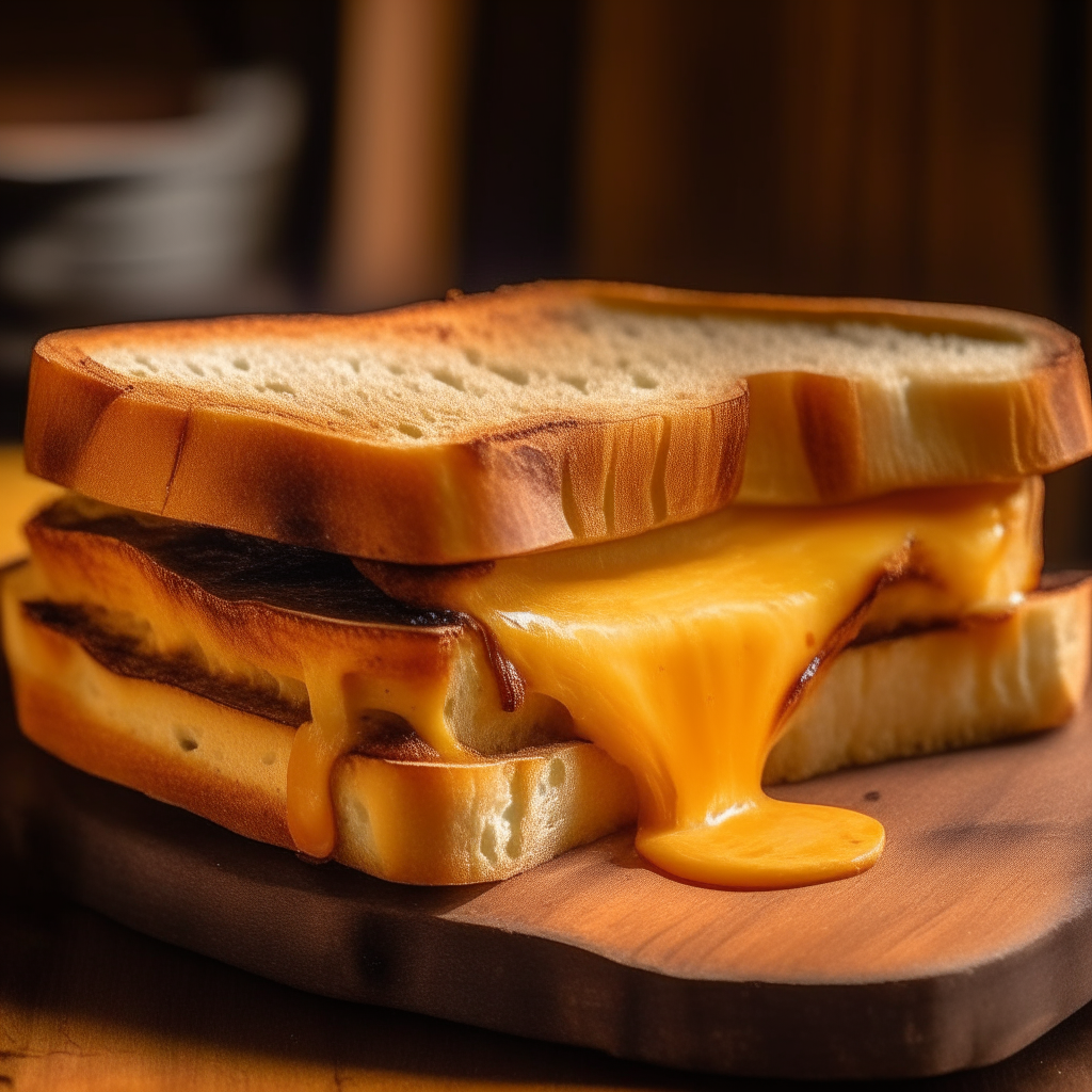 A close up photo of a grilled cheese sandwich on a wooden table, lit with soft natural light from a nearby window. The sandwich is between two slices of golden brown sourdough bread, with melted creamy yellow cheese oozing out slightly. The bread has a sheen from being generously buttered before grilling. The cheese stretches and snaps between the slices. The crusts are crisp with charred spots, and the inner bread glistens from the melted butter.