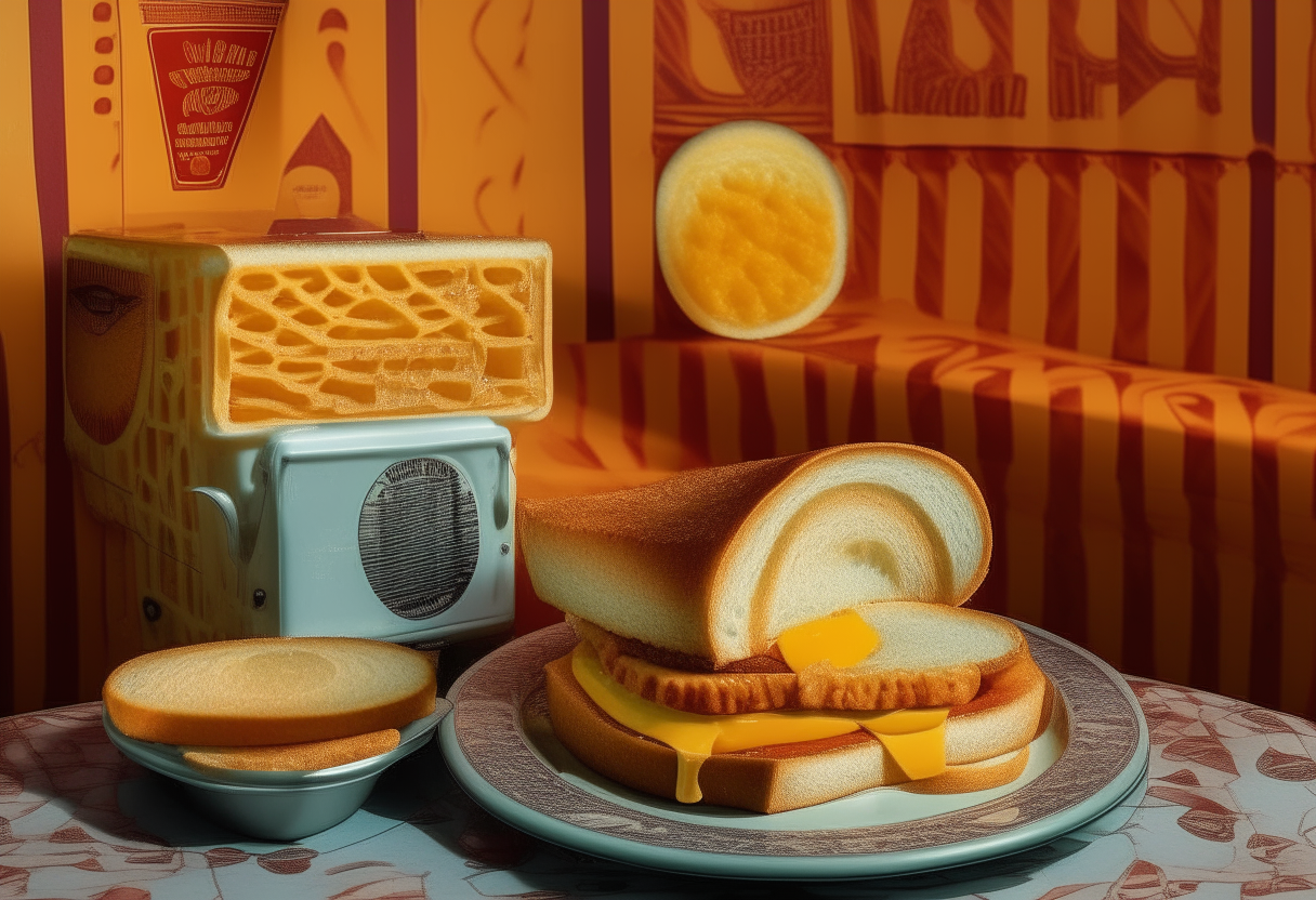 A 1980s style grilled cheese sandwich on sourdough bread with melted cheese, served on a retro plate next to potato chips and orange soda. 1980s geometric wallpaper and a vintage radio play hits in the background. Photorealistic image.