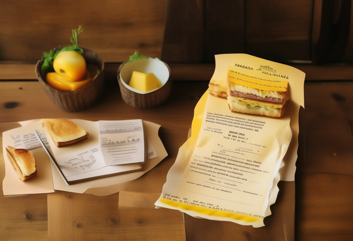 A grilled cheese sandwich recipe printed on a piece of paper, sitting on a wooden table with 1980s style decor