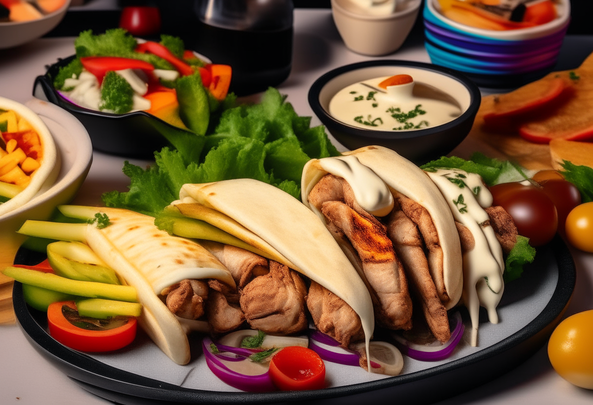 A vibrant platter showcases Chicken Shawarma wraps filled with succulent grilled chicken, fresh vegetables, and drizzled with tahini sauce. The backdrop features iconic '80s gadgets like the Walkman and a retro boombox.