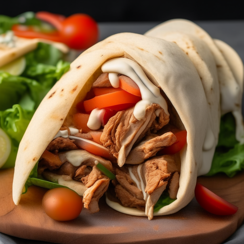 A photo of chicken shawarma in a wrap, with chicken strips seasoned with spices, tomatoes, onions, cucumbers, and tahini sauce