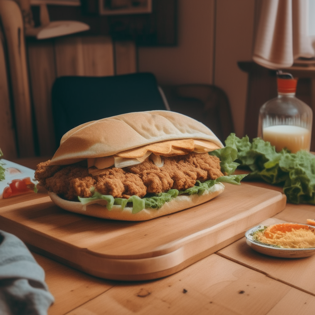 A delicious chicken shawarma sandwich served on a wooden table in a teenager's bedroom, 1980's aesthetic