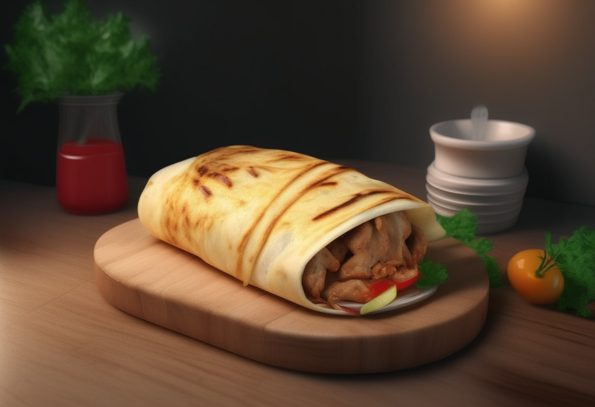 grilled chicken shawarma wrapped in pita bread served on a 1980s teenager's room studio table, photorealistic