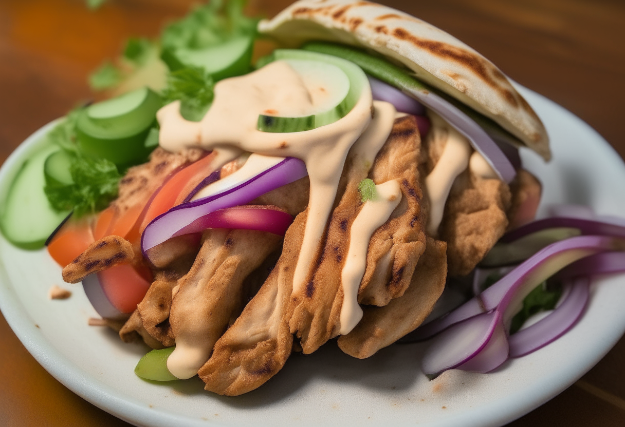 chicken shawarma. The chicken strips, seasoned with a medley of spices, glisten enticingly and bear grill marks, hinting at their smoky flavor. They are neatly arranged atop warm pita bread, nestled among vibrant, freshly sliced cucumbers, tomatoes, and red onions. A generous drizzle of tahini sauce adds a creamy contrast.