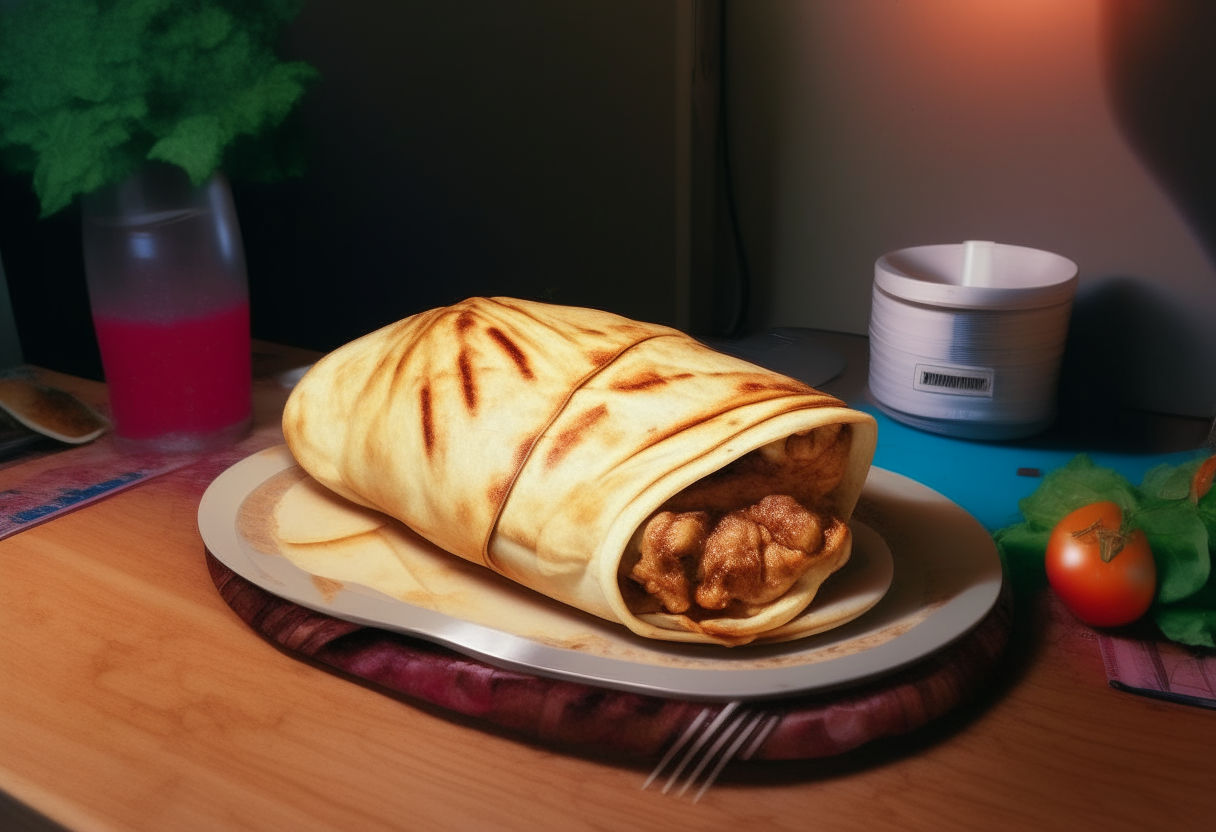 grilled chicken shawarma wrapped in pita bread served on a 1980s teenager's room studio table with a walkman device next to the plate, photorealistic