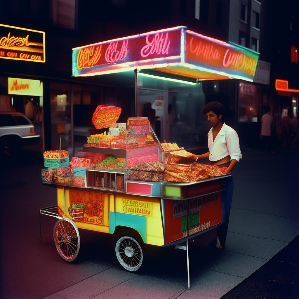 In a vivid snapshot of the 1980s, this image transports you to an era marked by innovation and cultural vibrancy. It's a bustling city street corner, bathed in neon lights and pulsating with the rhythms of pop music. On the sidewalk, a street vendor's colorful cart showcases Walkman Wraps, the beloved culinary sensation of the time. A crowd of stylishly dressed youth, with big hair and retro attire, gathers around the cart, drawn by the aroma of sizzling chicken and exotic spices. Some carry iconic Sony Walkman cassette players, while others sport bold fashion statements, reflecting the era's penchant for individuality. Amidst the neon glow and excitement, imagine celebrities like Cyndi Lauper and George Michael stopping by for a taste of the Middle Eastern delight, adding a dash of star power to this vibrant '80s culinary scene.