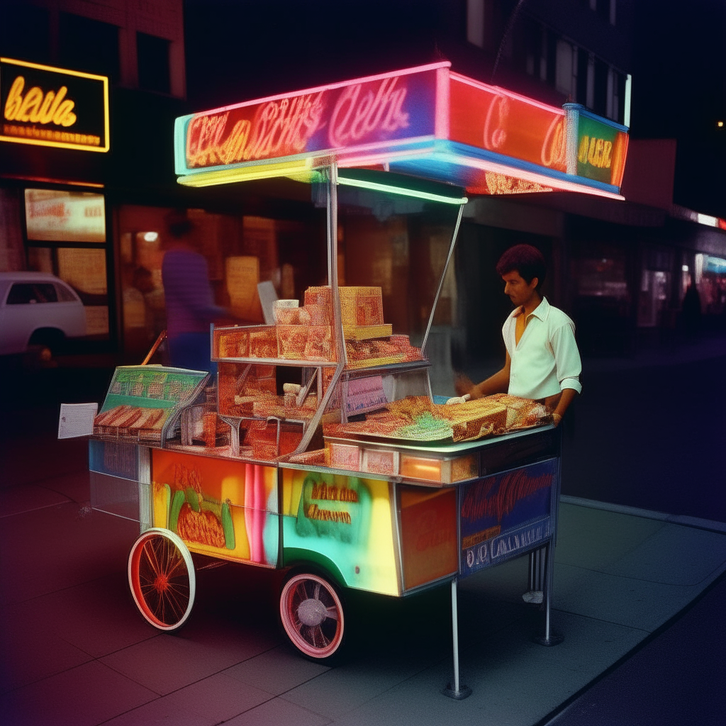 In a vivid snapshot of the 1980s, this image transports you to an era marked by innovation and cultural vibrancy. It's a bustling city street corner, bathed in neon lights and pulsating with the rhythms of pop music. On the sidewalk, a street vendor's colorful cart showcases Walkman Wraps, the beloved culinary sensation of the time. The chicken shawarma is prominently displayed and sizzling aromatically. A crowd of stylishly dressed youth, with big hair and retro attire, gathers around the cart, drawn by the aroma of the chicken shawarma and exotic spices. Some carry iconic Sony Walkman cassette players, while others sport bold fashion statements, reflecting the era's penchant for individuality. Amidst the neon glow and excitement, imagine celebrities like Cyndi Lauper and George Michael stopping by for a taste of the Middle Eastern delight, adding a dash of star power to this vibrant '80s culinary scene.