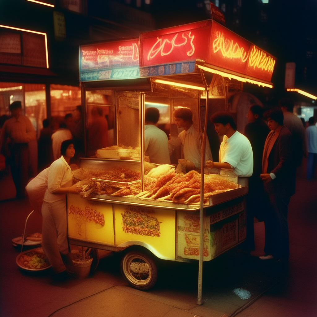 In a vivid snapshot of the 1980s on a bustling city street corner bathed in neon lights, a street vendor's cart showcases sizzling chicken shawarma prominently displayed and occupying at least 10% of the image. The shawarma wraps are the beloved culinary sensation of the time, with a crowd gathered around. Some youth carry Sony Walkmans while others sport bold 80s fashion. Celebrities like Cyndi Lauper and George Michael stop by, adding star power to the vibrant scene.