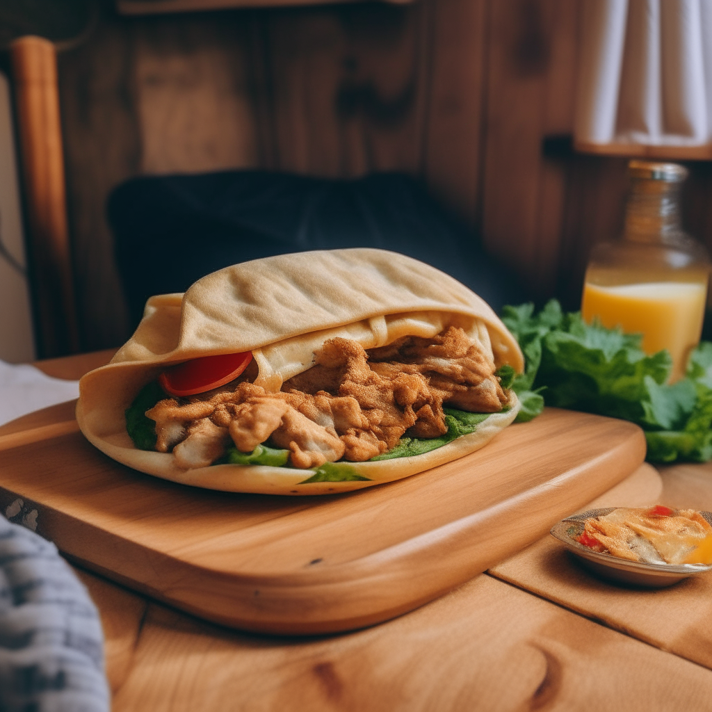 A delicious grilled chicken shawarma in a pita bread served on a wooden table in a teenager's bedroom, 1980's aesthetic