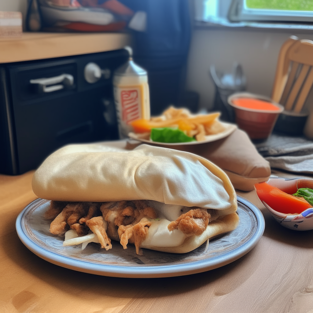 A delicious grilled chicken shawarma in a pita bread served on a wooden table next to a retro 1980's walkman in a teenager's bedroom