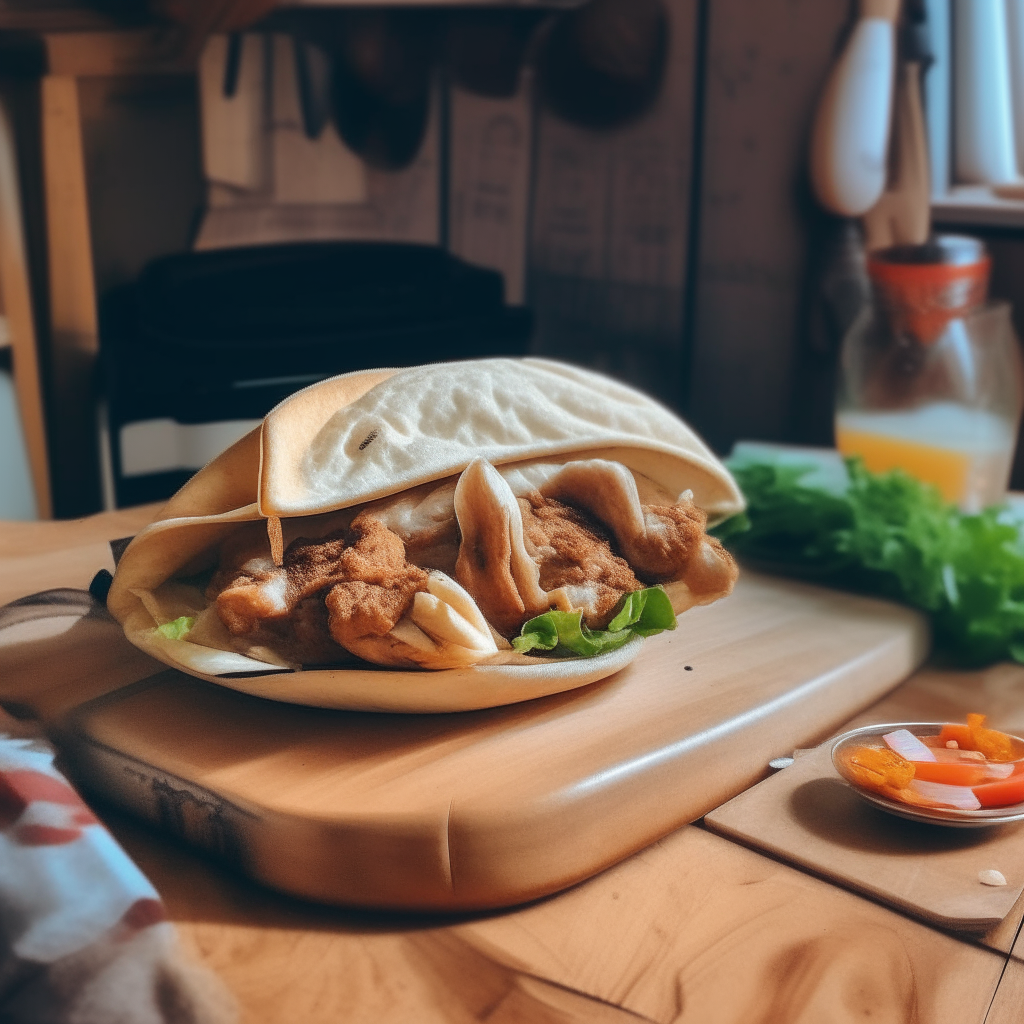 A delicious grilled chicken shawarma in a pita bread served on a wooden table next to retro 1980's headphones and a walkman in a teenager's bedroom