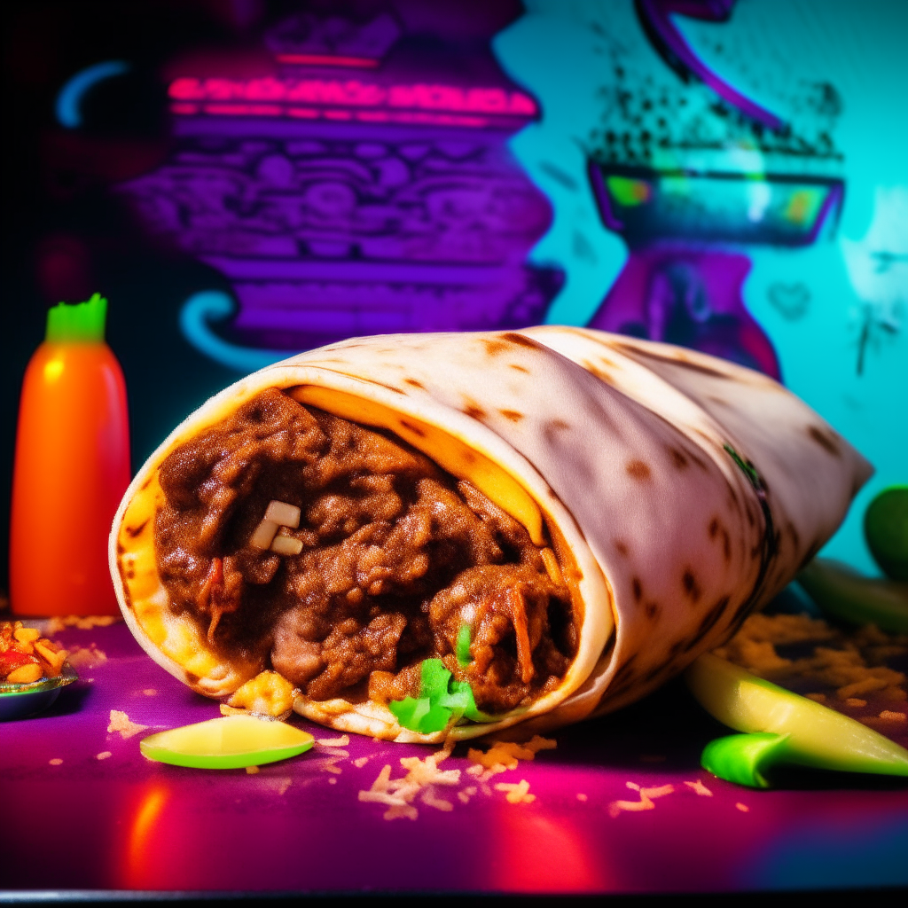 A colorful Tex-Mex burrito filled with beans, rice, and spicy meat, neatly wrapped in a tortilla and garnished with fresh cilantro and sliced jalapeños. The vibrant '80s neon lights and bold graffiti art create a retro atmosphere in the background.