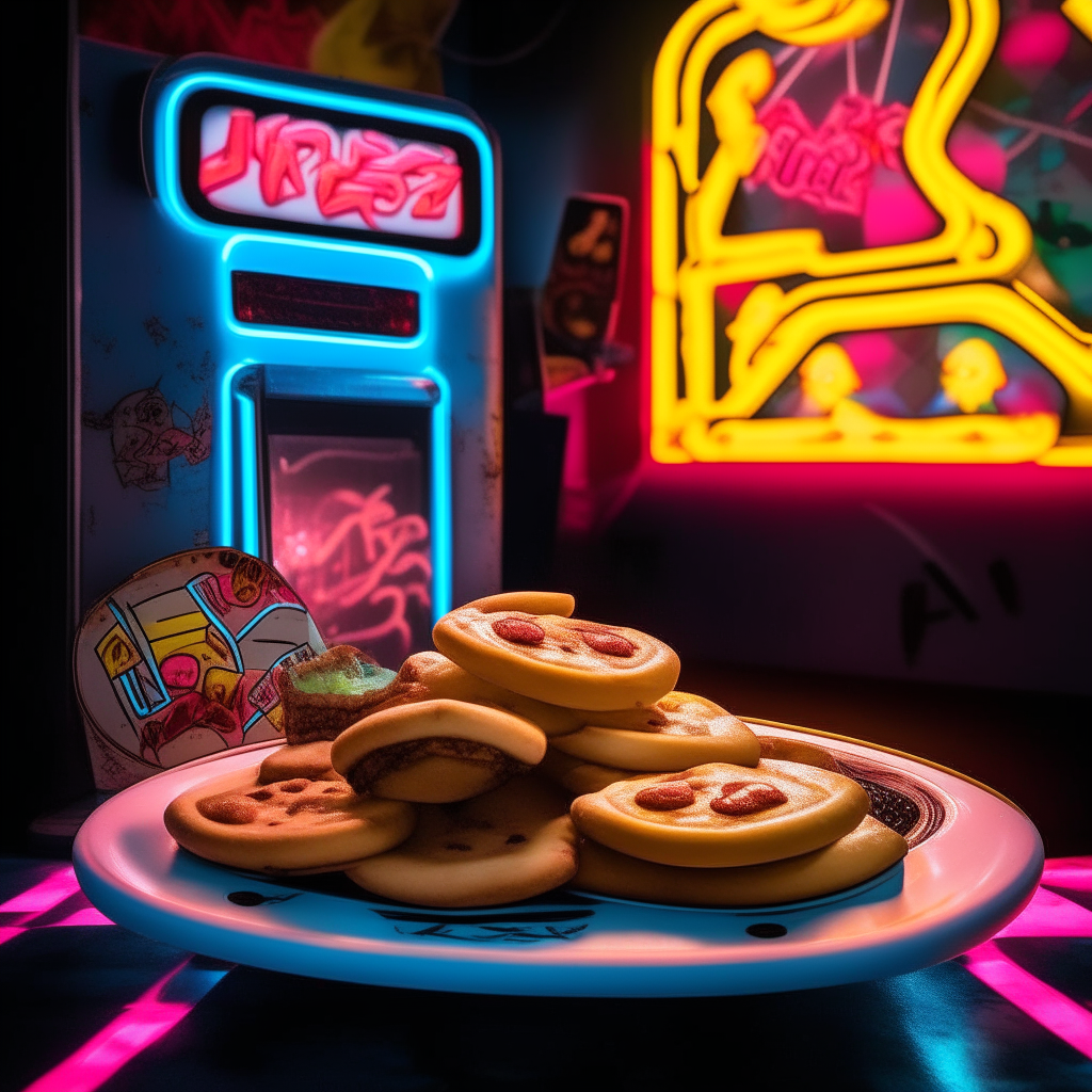 A plate of flaky cherry turnovers sits beside a vintage Pac-Man arcade game, evoking memories of the iconic 80's video game era with neon lights and graffiti art.