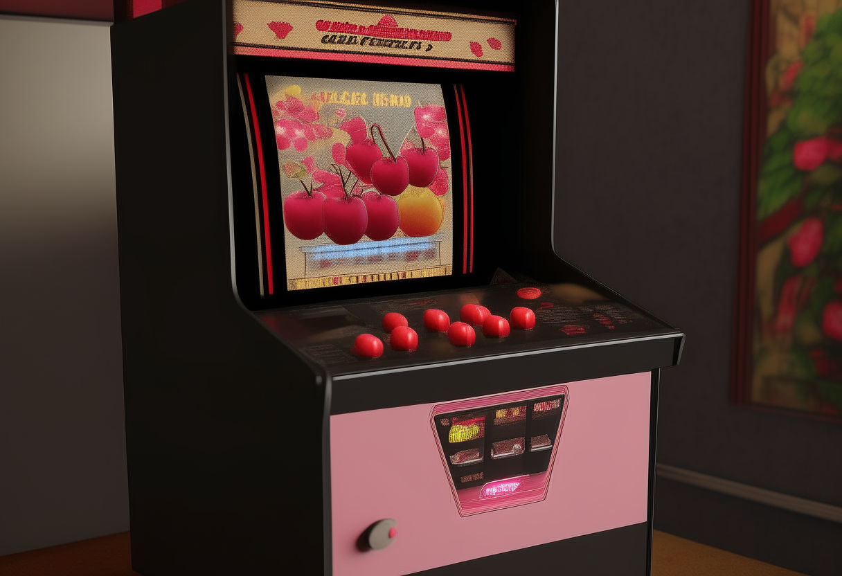 A cherry turnover recipe displayed on an arcade cabinet screen in a 1980's gaming arcade, digital art