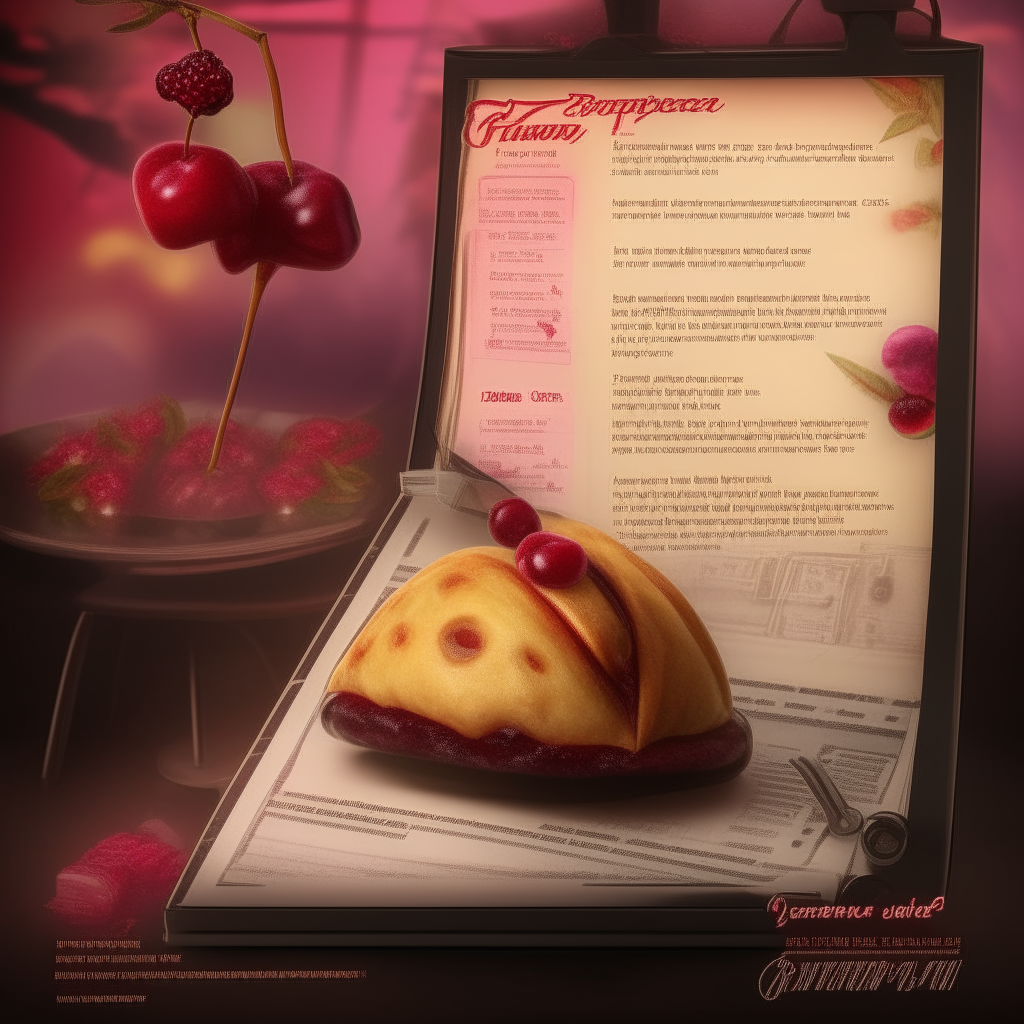 A cherry turnover recipe card with a photo of a freshly baked cherry turnover on a gaming arcade machine joystick, digital art