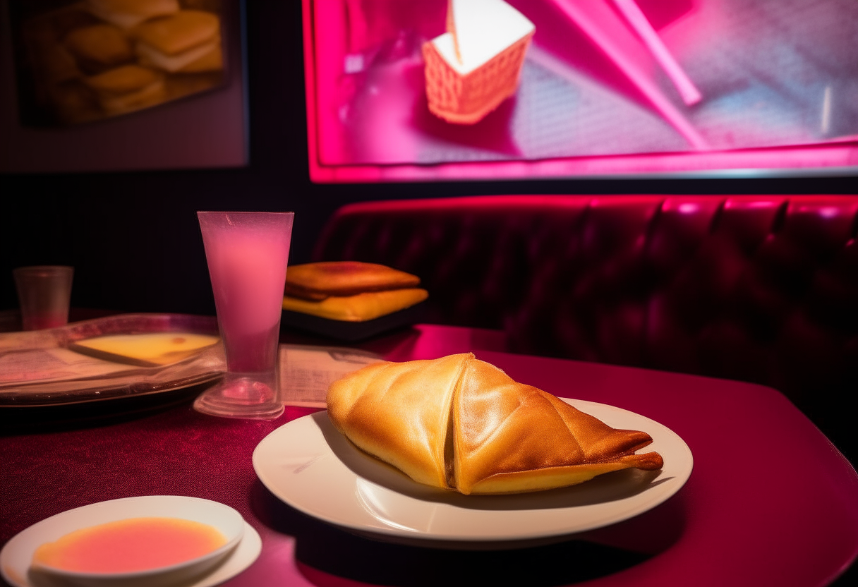 A cherry turnover recipe is served on a table in a 1980s videogaming restaurant. There are red leather booths, neon lights, and arcade cabinets in the background. A plate with a freshly baked cherry turnover is in the foreground, with a printed recipe card next to it.