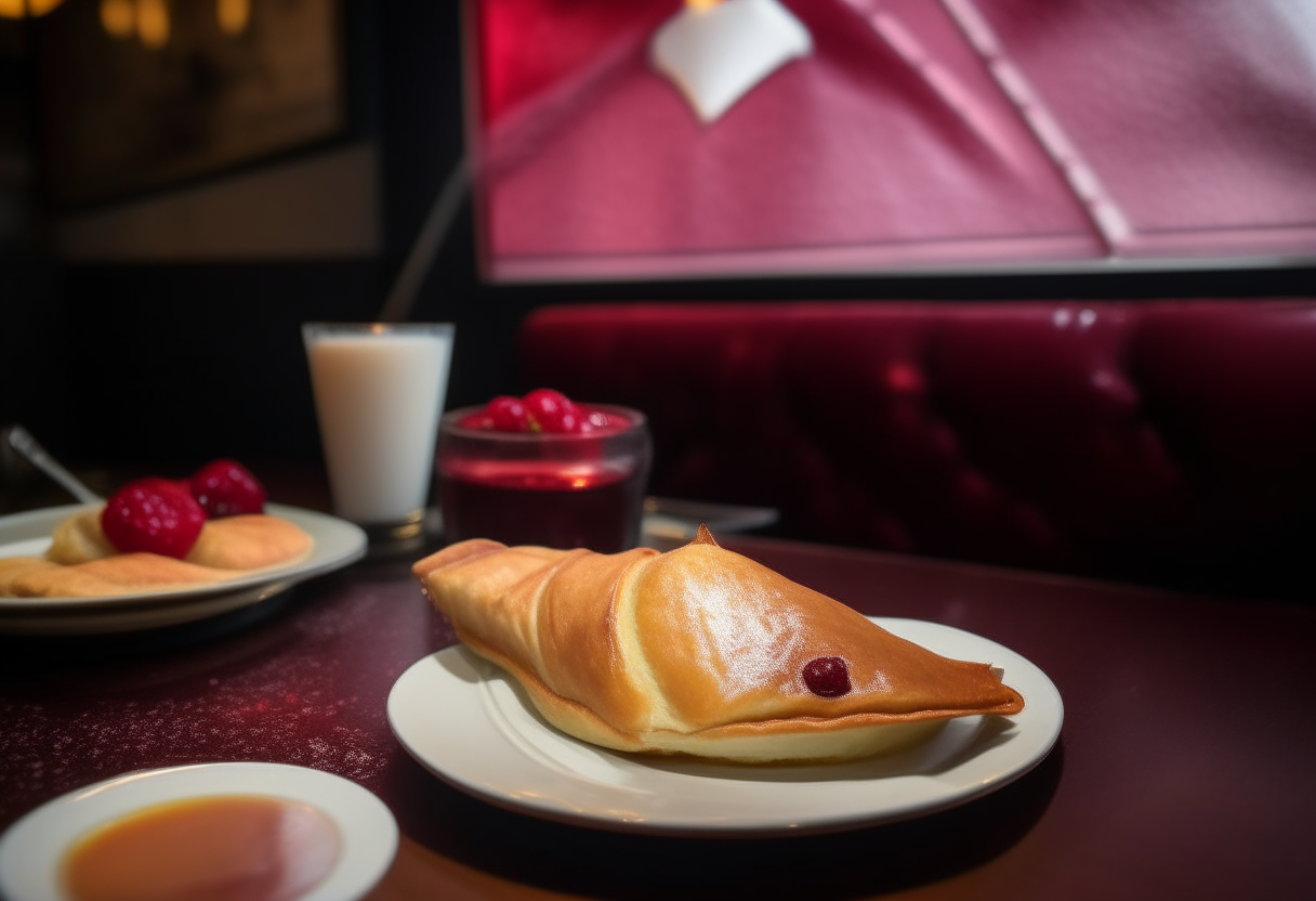 A cherry turnover recipe is served on a table in a 1980s videogaming restaurant. There is a lot of cherry filling oozing out of the pastry.