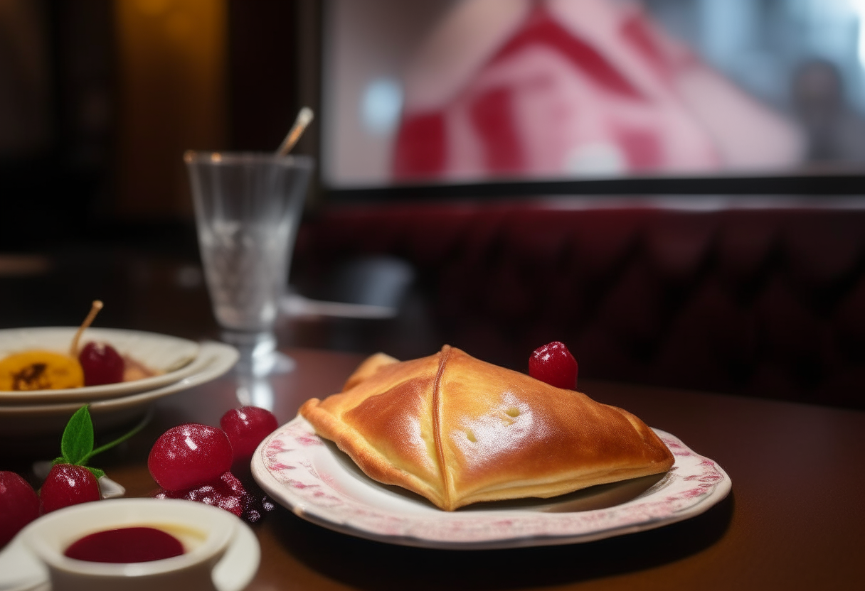 A cherry turnover recipe is served on a table in a 1980s videogaming restaurant. The turnover is overflowing with cherry filling.