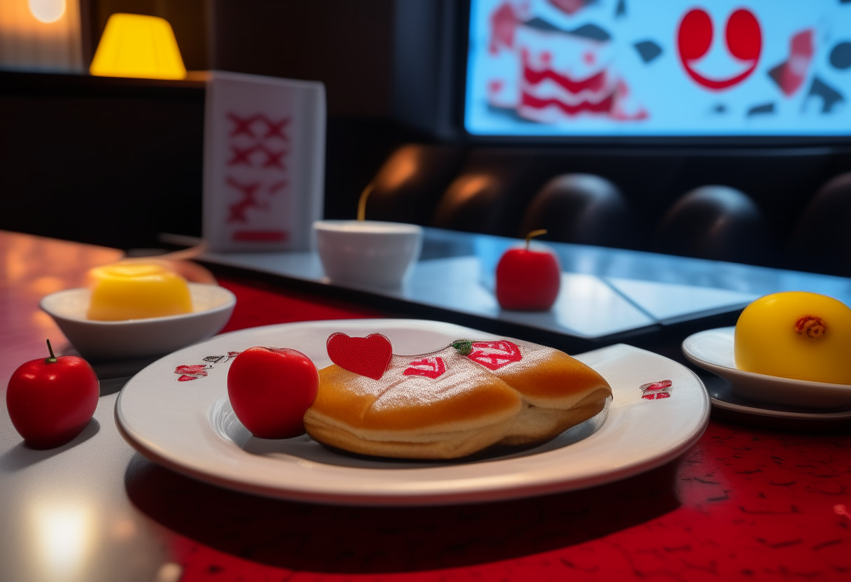 A cherry turnover recipe is served on a table in a 1980s videogaming restaurant. There is a Pac-Man game screenshot on the screen in the background.