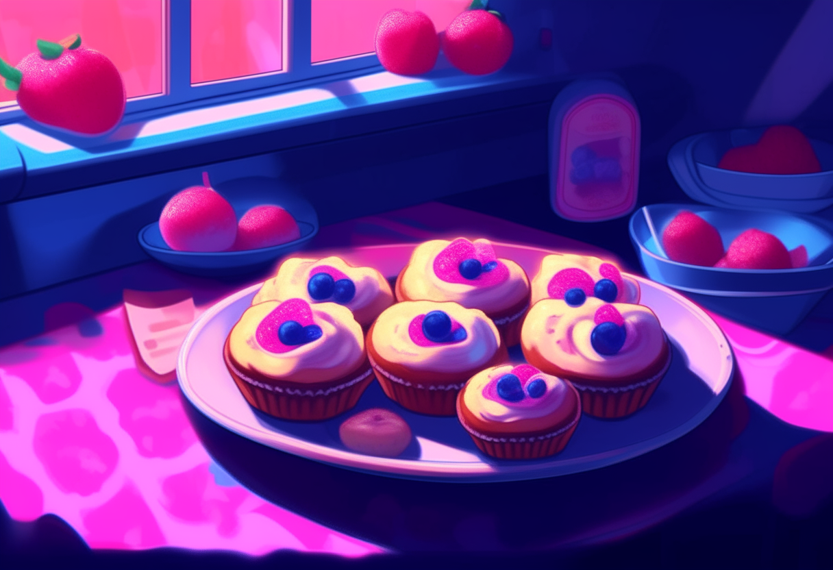 A plate of fresh blueberry muffins on a pink countertop in an 80's style kitchen. 1980's music videos are playing on a retro television in the background. The scene is colorful with neon lighting. Highly detailed digital painting.