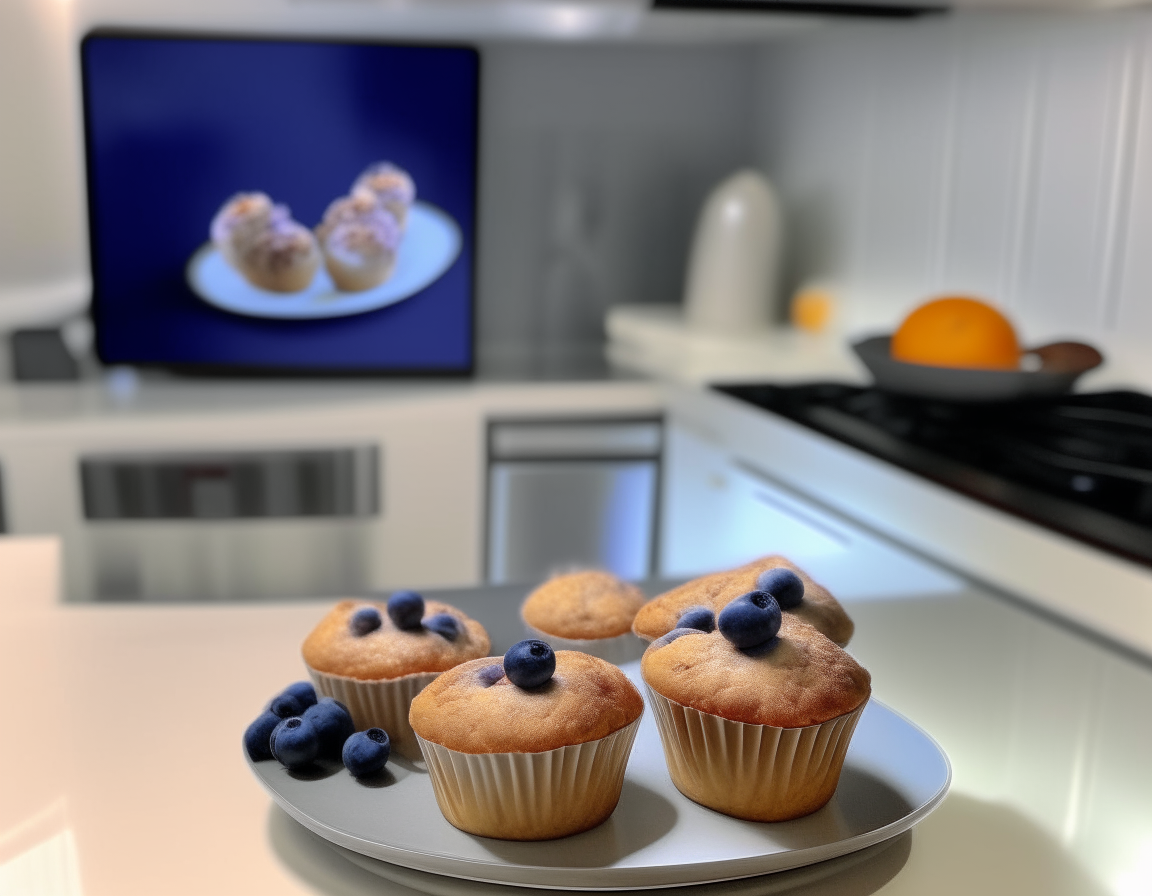 A white ceramic dish with 4 freshly baked blueberry muffins sitting on a kitchen counter in front of a flat screen tv that is turned off