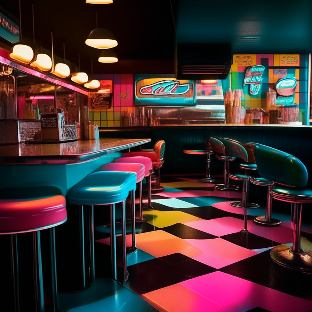 An evocative image that transports you to a quintessential '80s diner, bathed in neon lights and awash with vibrant colors. Neon signs outside illuminate the night, while inside checkerboard floors and retro vinyl booths with bold patterns. The walls have vintage posters and a jukebox plays synthpop hits.