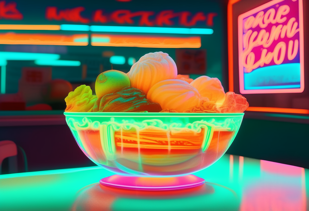 A citrus fusion sorbet in a glass bowl, served at a bright neon 1950s American diner counter, vibrantly colored and lit with neon signs, digital art