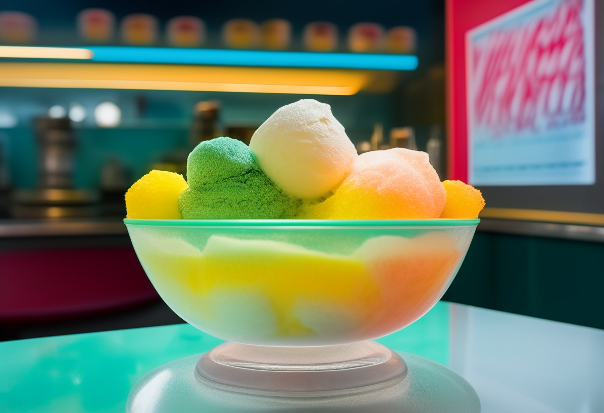 A citrus fusion sorbet in a glass bowl, served at a 1950s American diner counter, vibrantly colored with natural lighting