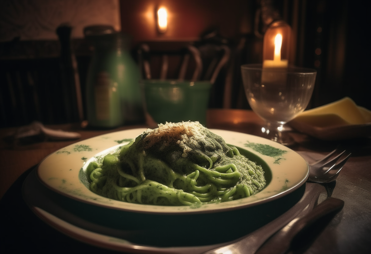 A pesto pasta dish served on a vintage grunge-themed restaurant table in the 1990s, with dim ambient lighting and melancholy alternative rock music playing softly in the background