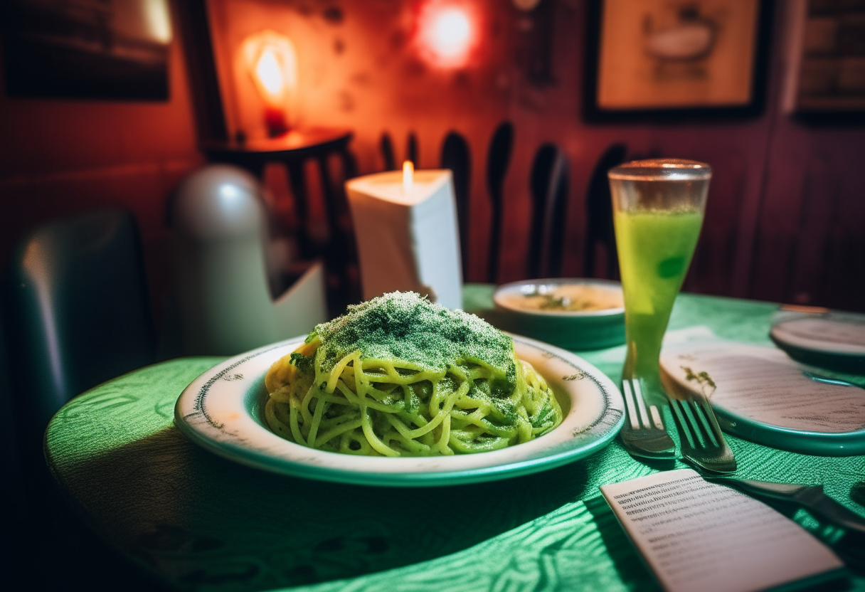 A vibrant green pesto pasta dish served on a checkered tablecloth in a cozy 1990s grunge-inspired cafe, with soft neon lighting and a vintage CD jukebox playing Nirvana in the background