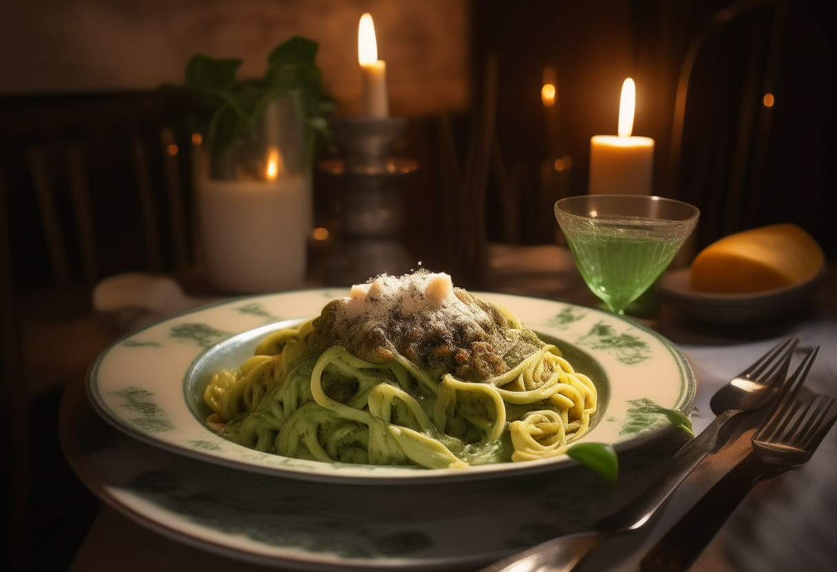 A pesto pasta dish served on a vintage restaurant table with a candle and bright lighting