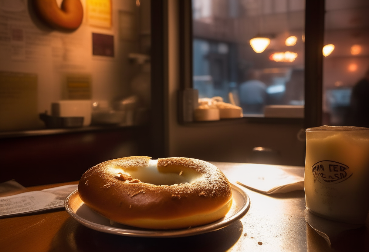 A classic New York bagel with cream cheese served in a cozy 1990s bakery, with ambient lighting and the aroma of coffee in the air