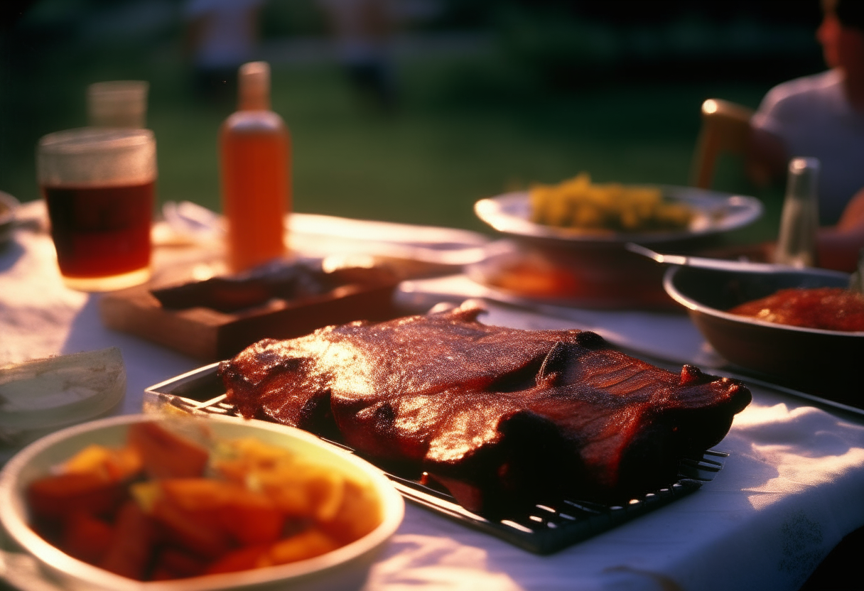 Spicy barbecue ribs served at a 1990s summer picnic, with ambient lighting and music playing softly in the background