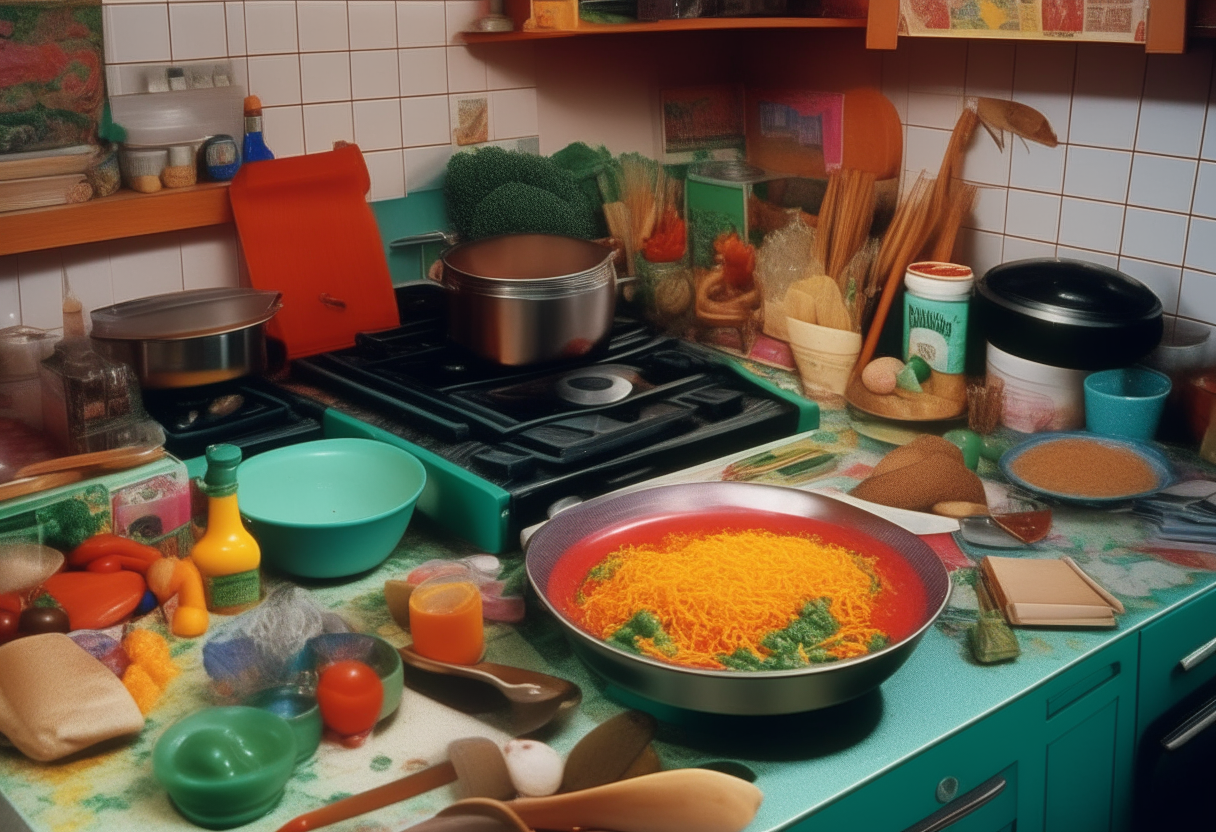 A colorful 1990s kitchen with a veggie stir fry cooking in a wok, Spice Girls music playing, and fresh ingredients on the counter