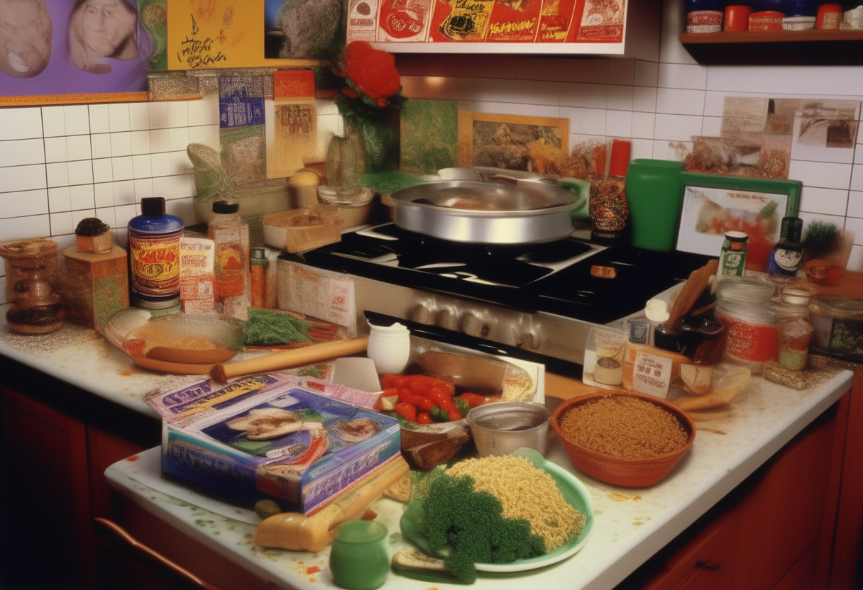 A colorful 1990s kitchen with Spice Girls posters, a veggie stir fry cooking in a wok, and fresh ingredients like tofu and broccoli on the counter