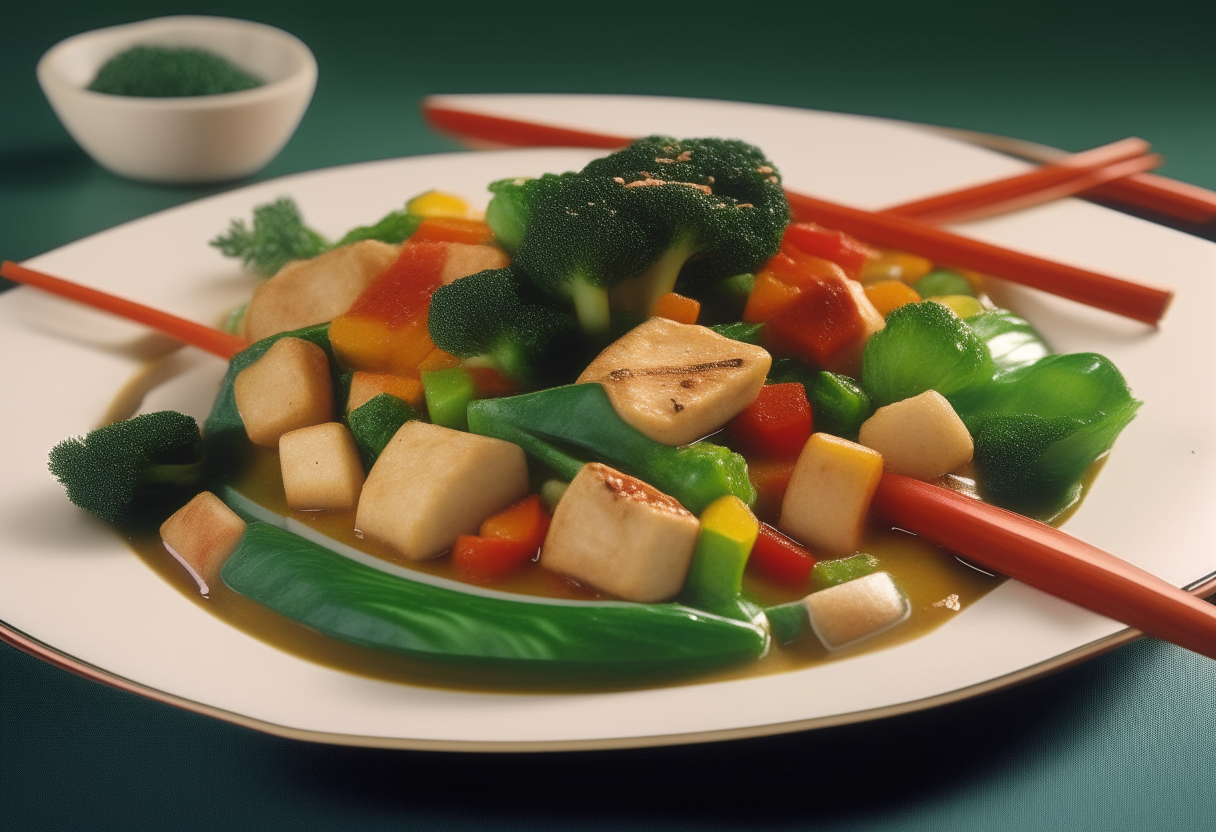 Stir-fry tofu and vegetables served at a 1990s teenager party, photorealistic