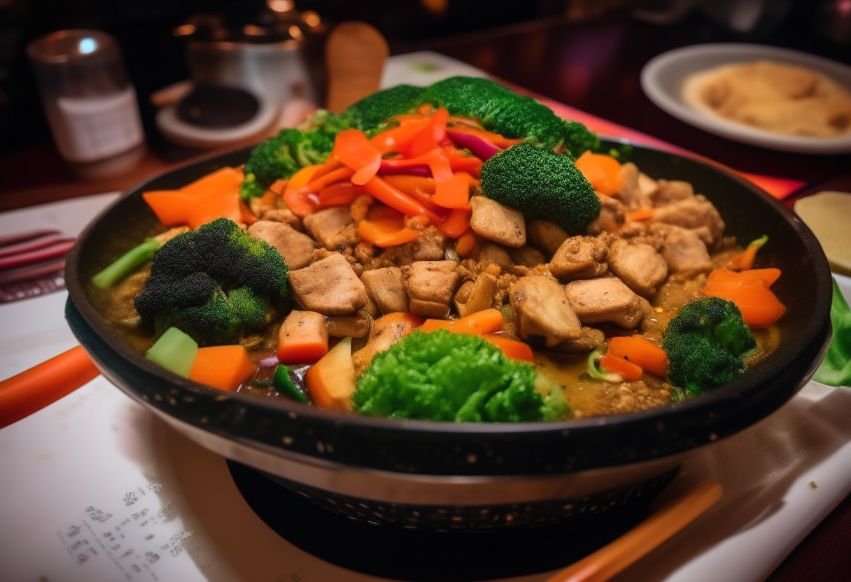 A delicious vegan stir fry made with tofu, broccoli, carrots, mushrooms and bell peppers in a wok, served inside a 1990s Spice Girls concert VIP lounge room with velvet couches and glittery decorations