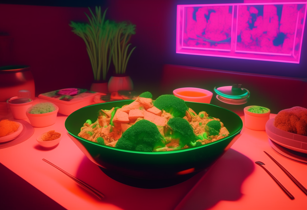 A delicious vegan stir fry with tofu, broccoli and carrots in a wok, inside a VIP lounge at a Spice Girls concert in the 1990s, the room has pink walls and pink neon lights, digital art