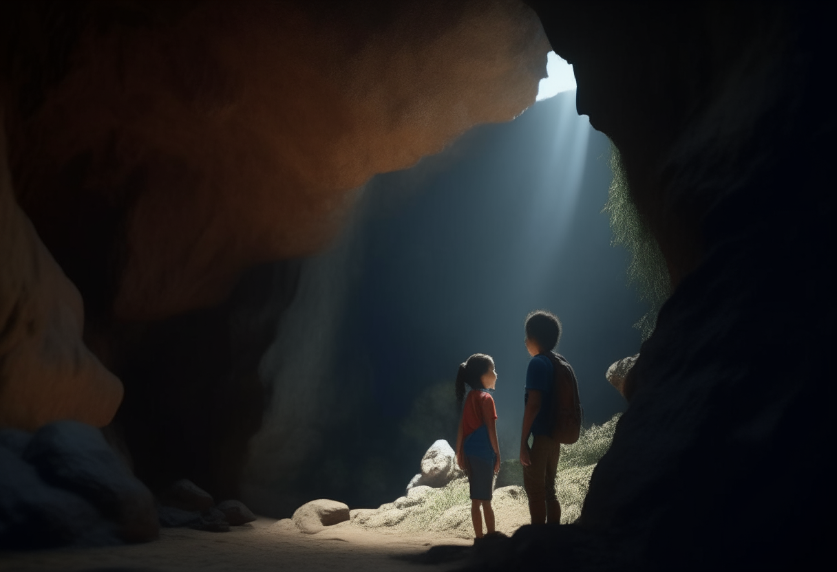 liam and maya enter a cave ,8k, cinematique ,ultra realiste 