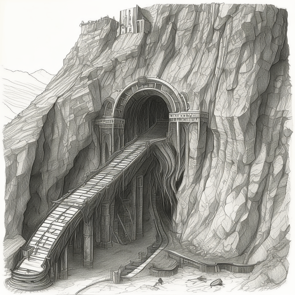 A detailed pen and ink illustration showing the towering arched entrance to an ancient dwarven mine, set into a grassy hillside. Pipes and gears extend outward from the opening, hinting at the industrious workings deep within the earth.