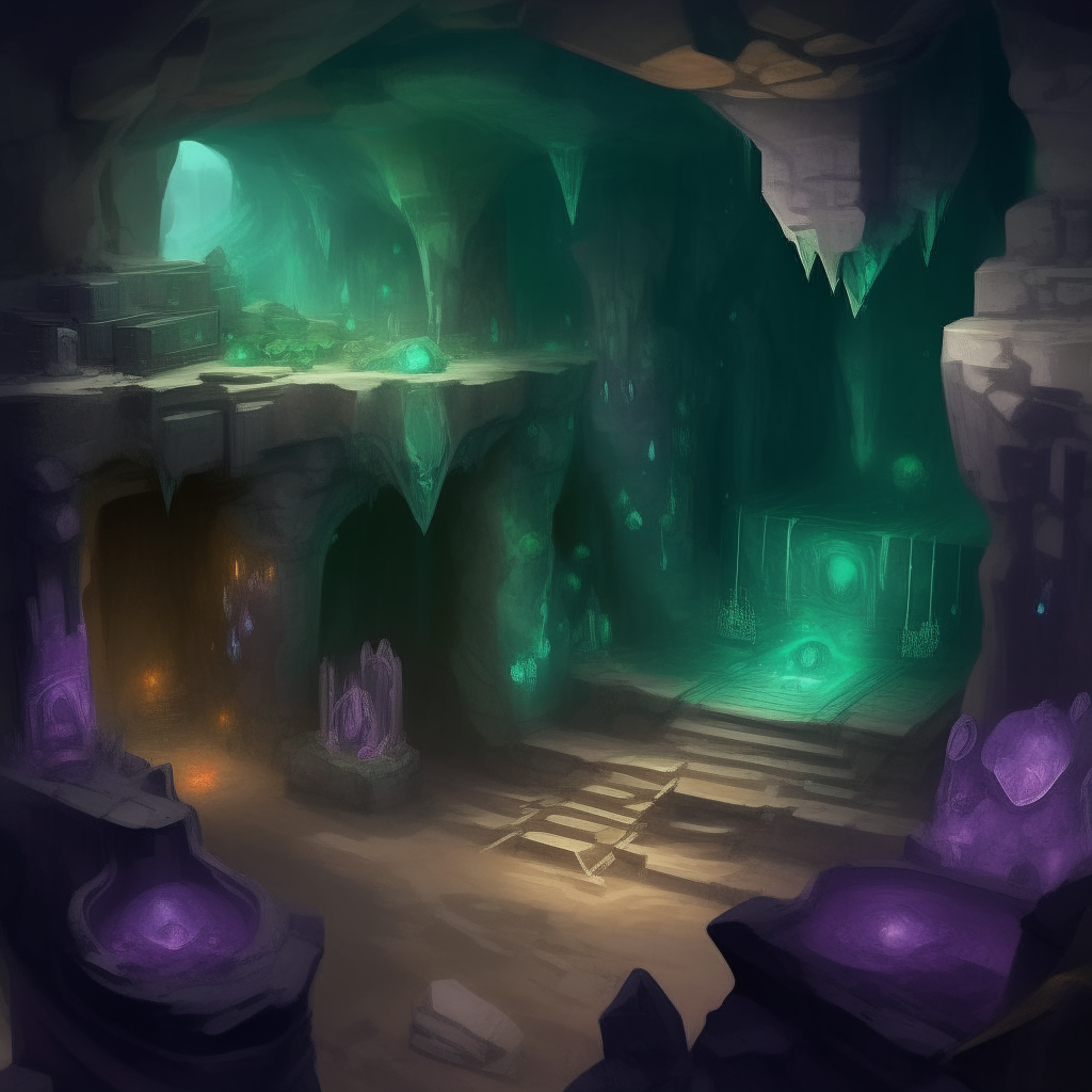 A cavernous chamber deep within the dwarven mine, its rough-hewn walls glinting where lantern light reflects off scattered gemstones in shades of emerald, amethyst and sapphire.