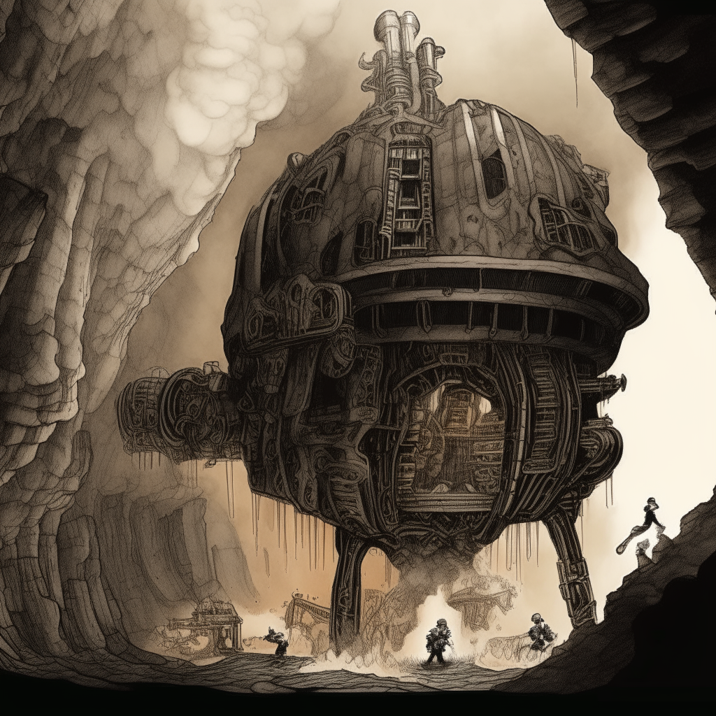 A detailed pen and ink illustration showing a steampunk robotic miner within the cavernous chamber, its mechanical form silhouetted against the glinting gemstone walls as billows of smoke rise from its joints.